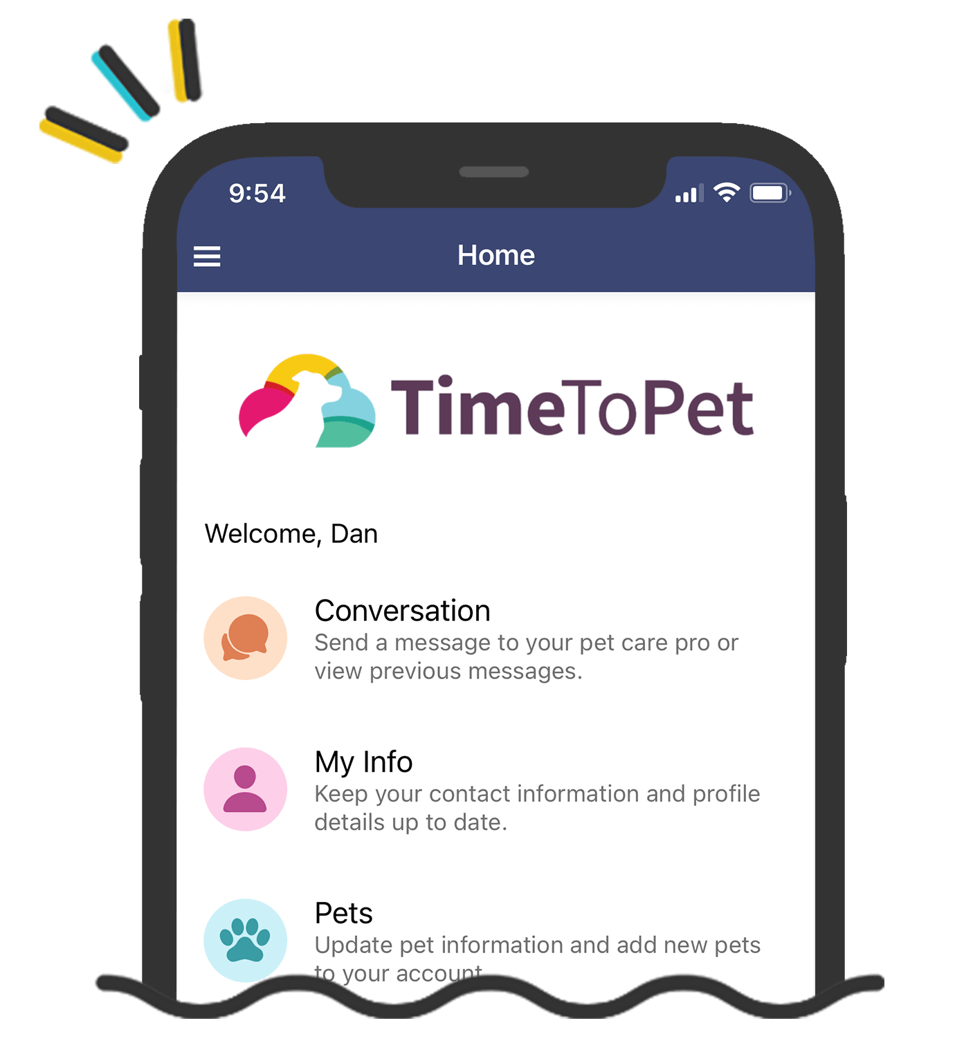 time to pet client app homescreen